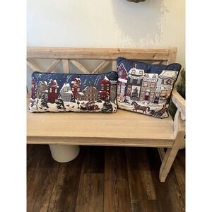 Christmas Tapestry Pillow 15x15 & 24x12 Town Scene Newport Embroidery